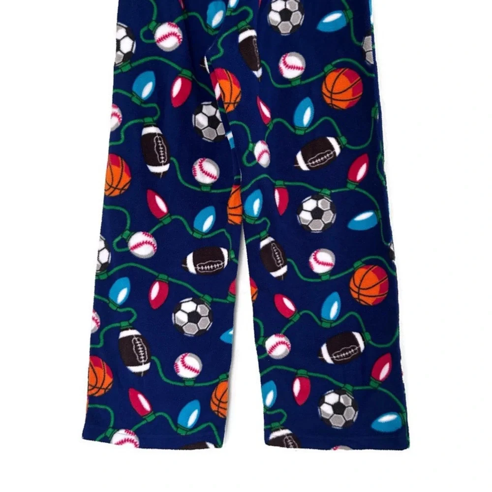 Christmas Sports Fleece Pajama Pants Boy L 10-12 Football Soccer Baseball Basket